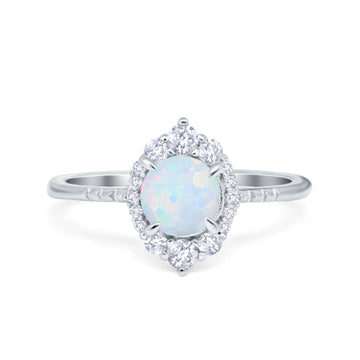 Halo Engagement Ring Vintage Round Lab Created White Opal 925 Sterling Silver